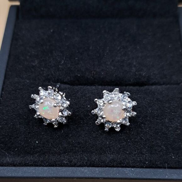 Silver Round Cut Pink Simulated Opal Stud Earrings - Picture 2 of 2